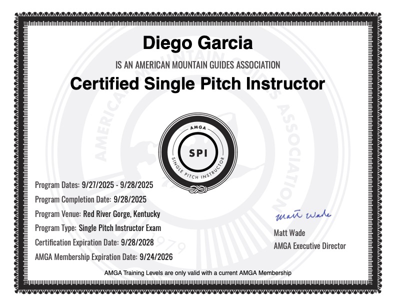 Certificate for a Certified Single Pitch Instructor from the American Mountain Guides Association.